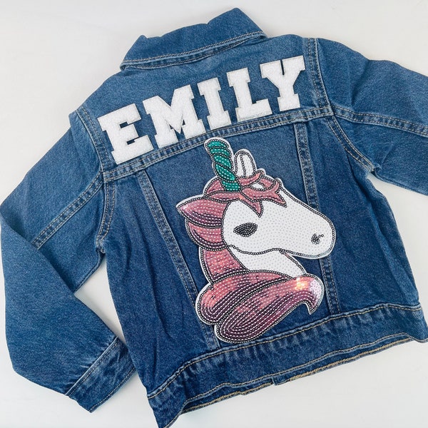 Personalized Custom Jean Denim Name Jacket, chenille, letter, baby, toddler, kids, girl, boy, back to school, sequin, pink, unicorn, pony