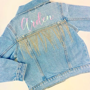 Personalized Custom Jean Denim Name Jacket, fringe, diamond, rhinestone, unicorn western, birthday, baby, toddler, kids, girl, rainbow gold