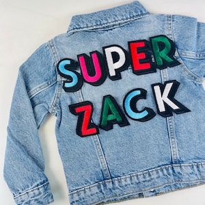 Personalized Custom Jean Denim Name Jacket, chenille, letter, baby, toddler, kids, girl, boy, Mario, Luigi, super, birthday, school, gift