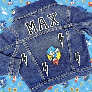 Personalized Custom Jean Denim Name Jacket chenille, letter baby toddler kids boy sonic video game super charge star cartoon birthday gift