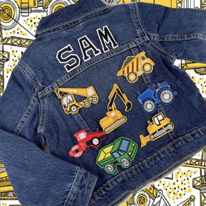 Personalized Custom Jean Denim Name Jacket, chenille, letter, baby, toddler, kids, boy, excavator, garbage truck birthday gift christmas car