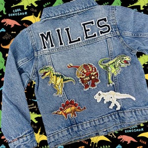 Personalized Custom Jean Denim Name Jacket, chenille, letter, baby, toddler, kids, boy, school, dinasour, trex, roar birthday gift christmas