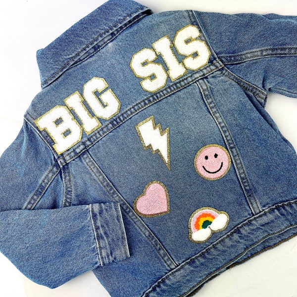 Personalized Custom Jean Denim Name Jacket, Big Little Sis Sister Brother  chenille, letter, baby, toddler, kids, girl, birthday gift