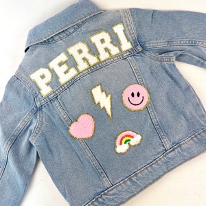 Personalized Custom Jean Denim Name Jacket, chenille, letter, baby, toddler, kids, girl, school pink heart Barbie birthday gift, girl boy