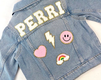 Personalized Custom Jean Denim Name Jacket, chenille, letter, baby, toddler, kids, girl, school pink heart Barbie birthday gift, girl boy