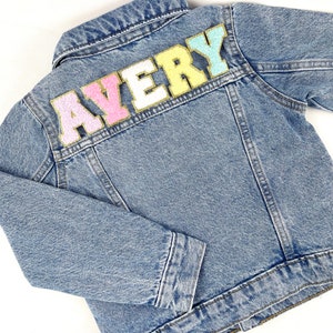 Personalized Custom Jean Denim Name Jacket, chenille, letter, baby, toddler, kids, girl, boy, back to school, blue, pastel, pink, purple,