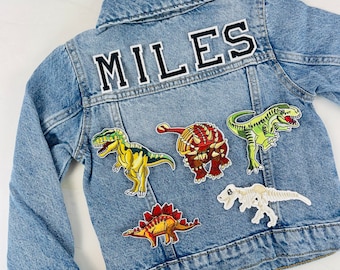 Personalized Custom Jean Denim Name Jacket, chenille, letter, baby, toddler, kids, boy, school, dinasour, trex, roar birthday gift christmas