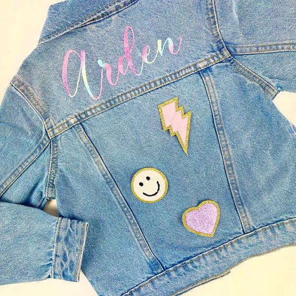 Personalized Custom Jean Denim Name Jacket, chenille, letter, baby, toddler, kids, girl, pink birthday gift, boy unicorn rainbow glitter