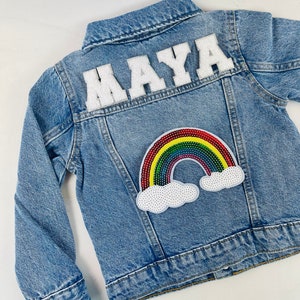 Personalized Custom Jean Denim Name Jacket, chenille, letter, baby, toddler, kids, girl, rainbow. sequin, pink, birthday gift, school blue