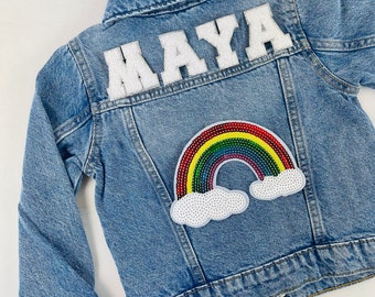 Personalized Custom Jean Denim Name Jacket, chenille, letter, baby, toddler, kids, girl, rainbow. sequin, pink, birthday gift, school blue