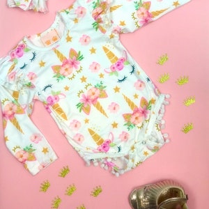 White Unicorn Ice Cream Ultra Soft Baby Onesie Romper Sleeve Pink White Gold Donut Clothing Girls Toddler Infant Headband Ruffle Pom Pom