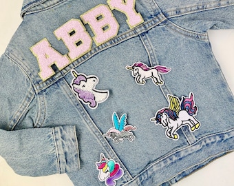 Personalized Custom Jean Denim Name Jacket, chenille, letter, baby, toddler, kids, girl, back to school, unicorn, horse, pony, birthday gift