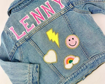 Personalized Custom Jean Denim Name Jacket, chenille, letter, baby, toddler, kids, girl, back to school, hot pink, Barbie, birthday gift