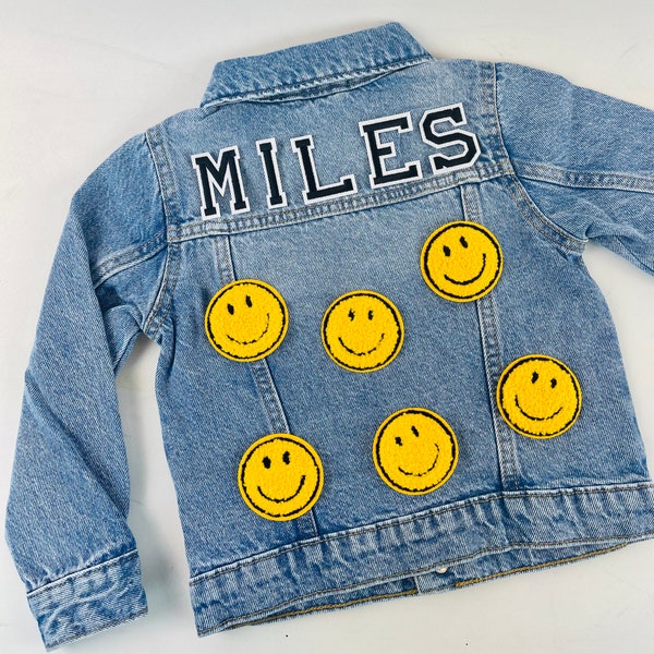 Personalized Custom Jean Denim Name Jacket, chenille, letter, baby, toddler, kids, girl, boy, birthday, happy face, smiley, yellow, school