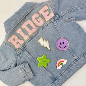 Personalized Custom Jean Denim Name Jacket, chenille, letter, baby, toddler, kids, girl, school, hot pink, birthday gift christmas