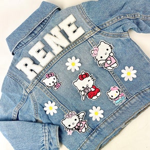 Personalized Custom Jean Denim Name Jacket, chenille, letter, baby, toddler, kids, girl, cat, kitty, hello, birthday gift christmas