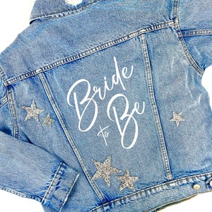 Personalized Custom Jean Denim Jacket Bride Bridesmaid Wedding Engaged Bachelorette Wifey Mrs. diamond rhinestone womens girl Team Bride