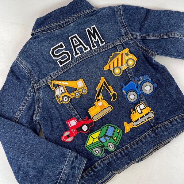 Personalized Custom Jean Denim Name Jacket, chenille, letter, baby, toddler, kids, boy, excavator, garbage truck birthday gift summer car