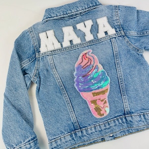 Personalized Custom Jean Denim Name Jacket, chenille, letter, baby, toddler, kids, girl, back to school, sequin, ice cream, birthday gift