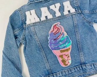 Personalized Custom Jean Denim Name Jacket, chenille, letter, baby, toddler, kids, girl, back to school, sequin, ice cream, birthday gift