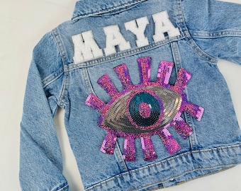 Personalized Custom Jean Denim Name Jacket, chenille, letter, baby, toddler, kids, girl, sequin, pink, evil eye, birthday gift, blue eye