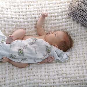 Adam And Elsa Organic Muslin Baby Swaddle Blanket SILKY SOFT Cotton Bamboo Boys Girls Key Green Bird Birdcage Tree Branch Spring Summer Leaf