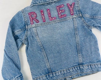 Personalized Custom Jean Denim Name Jacket, chenille, letter, baby, toddler, kids, girl, boy, girls, 3d, glitter, back to school, pink,