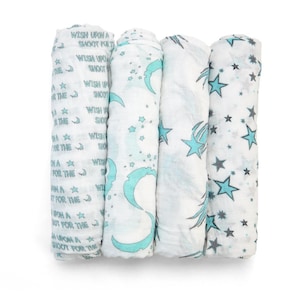 Adam And Elsa 4 Pack Organic Muslin Baby Swaddles Blanket SILKY SOFT Cotton Bamboo Boys & Girls Unisex Aqua Blue Moon And Stars Tiff wish