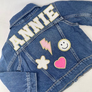 Personalized Custom Jean Denim Name Jacket, chenille, letter, baby, toddler, kids, girl, school, hot pink, birthday gift christmas