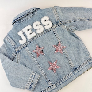 Personalized Custom Jean Denim Name Jacket, chenille, letter toddler, kids, girl, sequin, star, cowgirl birthday gift christmas holiday