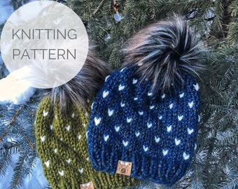 KNITTING PATTERN - Beginner Fair isle Knit Hat Pattern - Heart Spring Beanie Instant Download