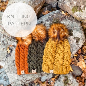May include: Three knitted hats with faux fur pom poms. The hats are in orange, green, and yellow. The hats are on a background of rocks and leaves. The text "Knitting Pattern" is in a white circle at the top of the image.