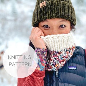 May include: A person wearing a green knitted beanie and a white, cream, and multicoloured knitted cowl. The text "KNITTING PATTERN" is in a white circle. The person is wearing a red long-sleeve shirt and a black vest.