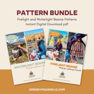 May include: A digital download bundle of two knitting patterns for beanies. The patterns are called "Winterlight Beanie" and "Firelight Beanie". The patterns are made for getting outside. The image shows two women wearing the beanies and two dogs wearing bandanas. The image also shows a close-up of the beanies.