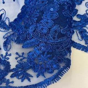 May include: Blue lace trim with a floral design and sequins. The lace has a scalloped edge.