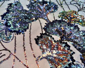 Iridescent Navy Blue Sequins iridescent Navy Blue Flowers and stemes sequins fabric