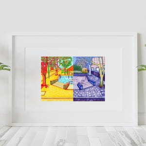 Puede incluir: Una ilustración colorida de una escena dividida, que representa un parque con una fuente en verano a la izquierda y el mismo parque en invierno a la derecha.