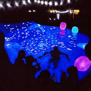 May include: A watercolor painting of a nighttime pool party. The pool is blue with white ripples and there are silhouettes of people in the water. There are pink and blue inflatable balls floating in the pool. There are white lights strung up above the pool.