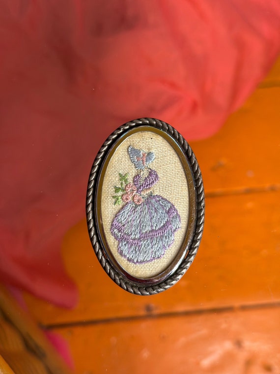 Lady in Periwinkle Embroidered Handmade Brooch 19… - image 1