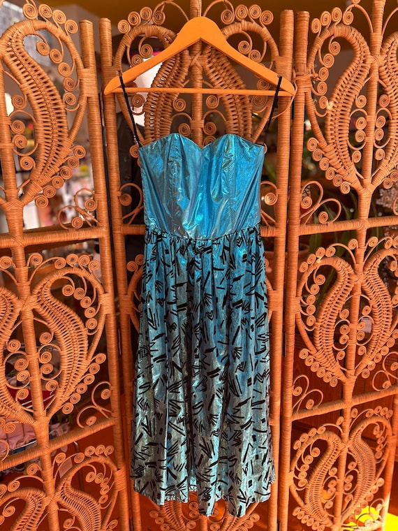 80s Electric Blue Metallic Party Dress - image 2