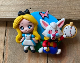 Alice and White Rabbit Pin