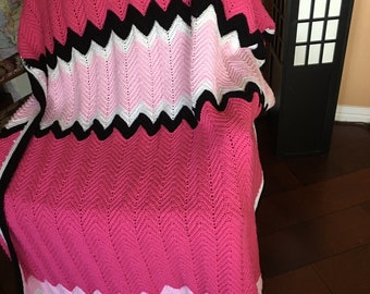 Handmade Crochet Fall Colors Pink Zig Zag Pattern Striped Afghan Throw Blanket,