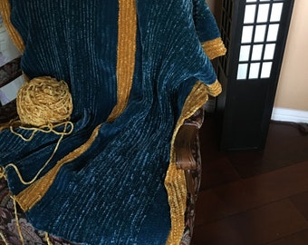 Custom Handmade Crochet Chevron Throw Blanket , Vintage Chevron Pattern 2 Color Afghan Blue Gold Beige Decor