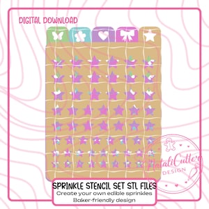 May include: A tan sprinkle stencil set with a grid pattern of purple stars. The top of the stencil has colorful icons of a butterfly, flower, heart, bow, and star. Text at the top reads "DIGITAL DOWNLOAD" and at the bottom "SPRINKLE STENCIL SET STL FILES".