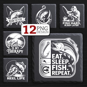 Pack d'emblèmes de pêche au format PNG – 12 logos vintage avec phrases amusantes pour gravure laser, sublimation, Glowforge, XTool, cadeaux pour pêcheurs