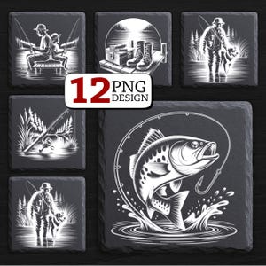 Paquete PNG de pesca: 12 diseños de grabado láser en blanco y negro para Glowforge, LightBurn, XTool, posavasos de pizarra y regalos para actividades al aire libre y pesca.