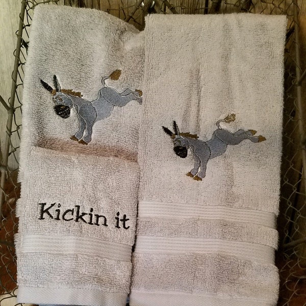 Embroidered Bath Towel Set "Kickin It" Bucking Donkey Bathroom Towels - Western Gifts - Western Bathroom Decor