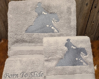 Embroidered bath towels. Born To Slide reining horse.