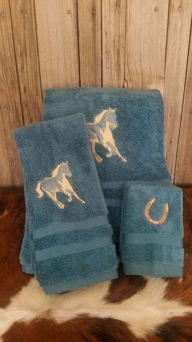 Embroidered Bath Towel Set "Pure Gold" Country Bathroom Decor - Rustic Bathroom Decor - Gifts for Horse Lover's - Horse Lover's Gift