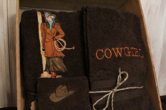 Embroidered Bath Towel Set "Old West Cowgirl" Country Western Bathrooms | His and Hers Western Towels | Gifts for Cowboys